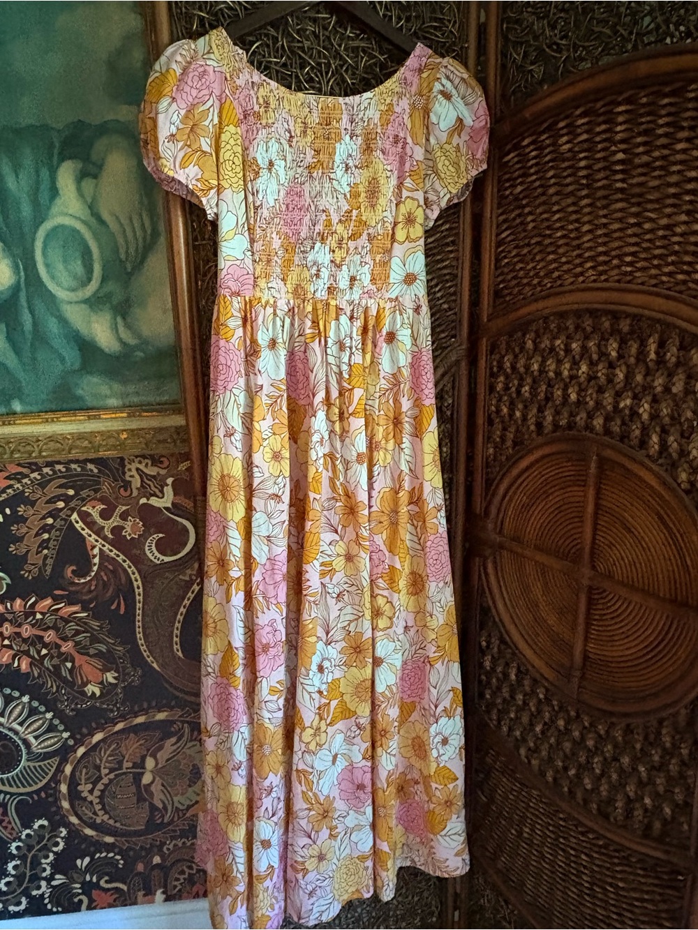Kachel Floral Smocked Midi Dress Cottagecore Puff Sleeve Open Back